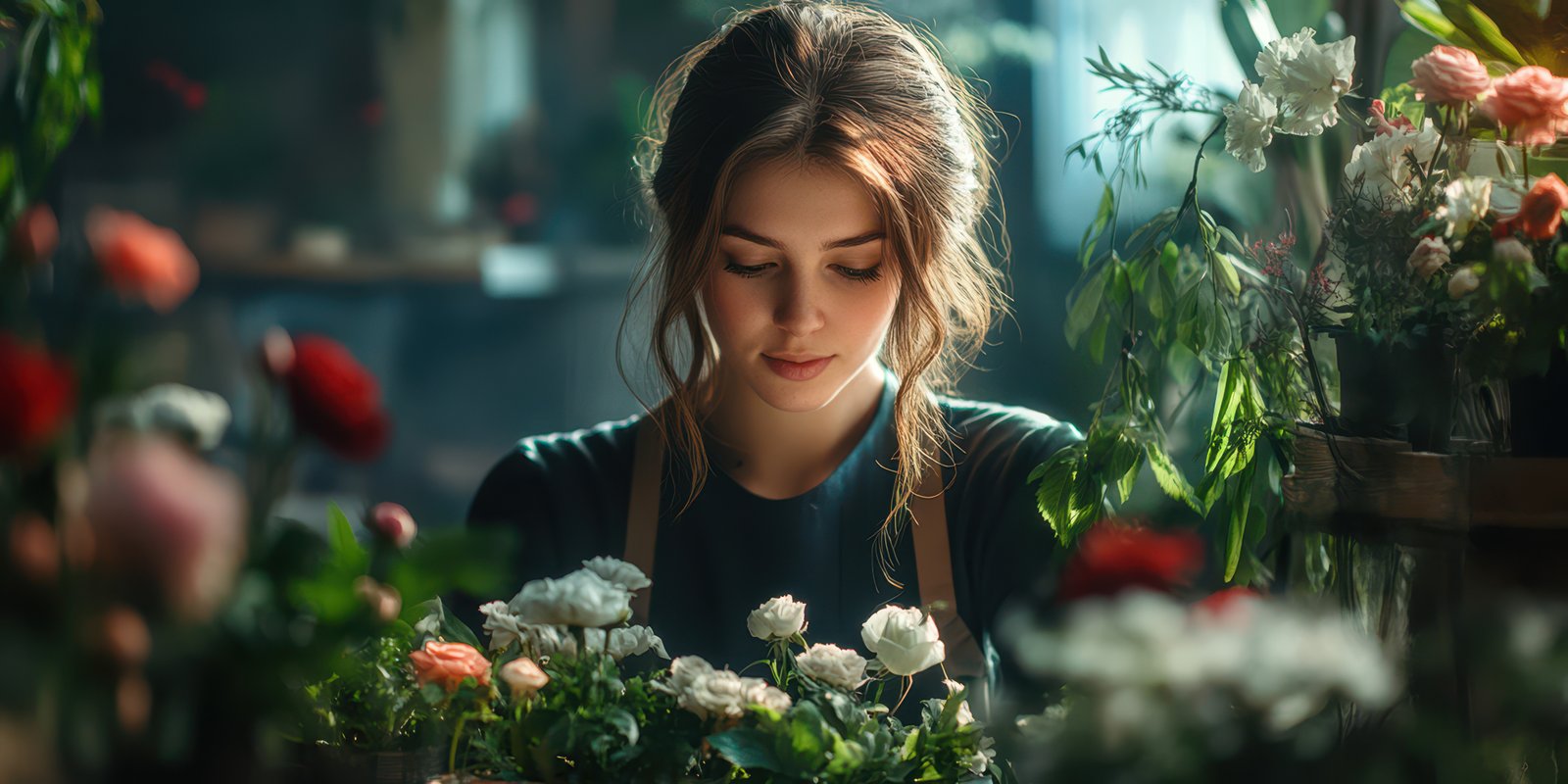 Young florist arranging fresh flowers in a cozy flower shop during the afternoon